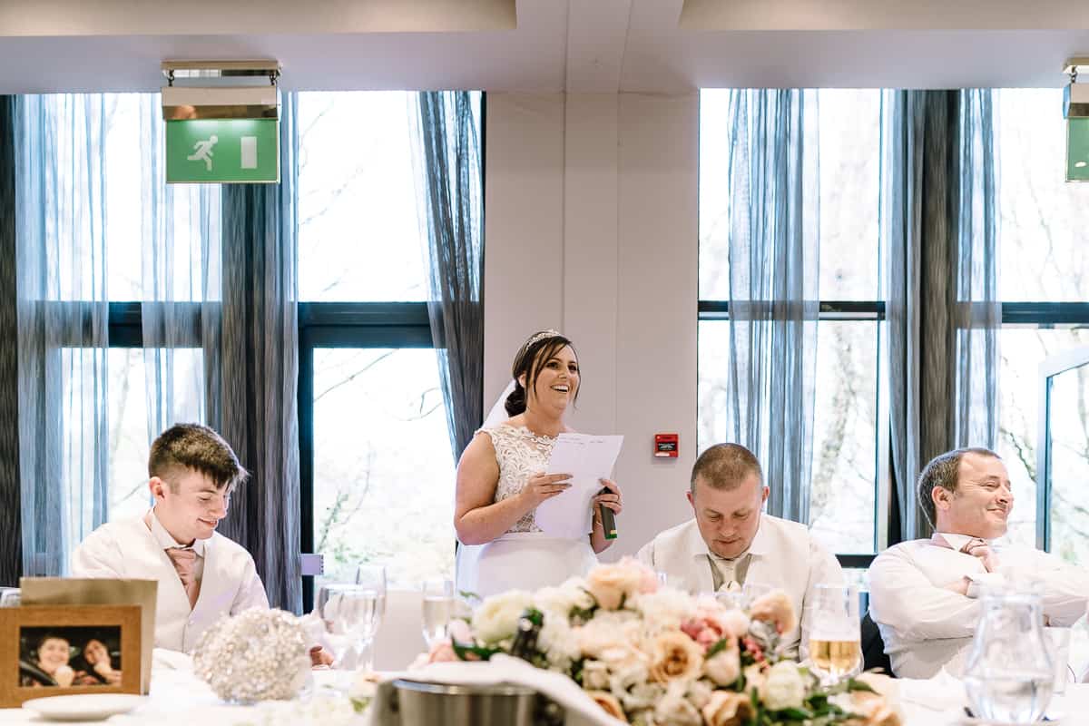 Bride giving a speech on her wedding day at Abbey House Hotel, Barrow-in-Furness